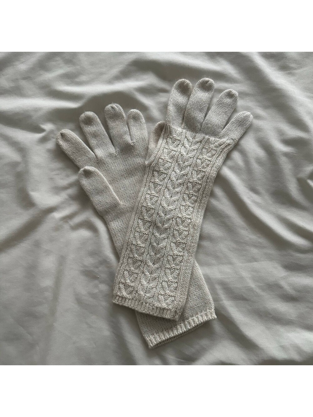Eddie Bauer Women's White Cable Knit Gloves Cotton Angora Shimmer Lurex OS